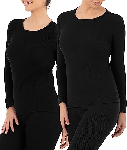 Women's Micro Waffle Thermal Underwear T-Shirt - Black, Large, 2 Pack