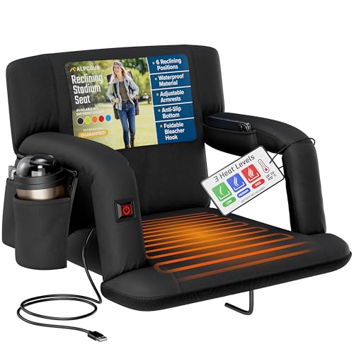 Black 21-Inch Wide Heated Stadium Reclining Bleacher Seat with Back Support & Armrests