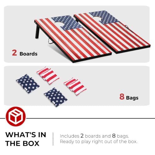 Sport Beats Cornhole Board Set - MDF Wooden Tailgate or Regulation Size with 8 Bean Bags - American Flag 4' x 2' Variation