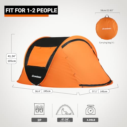 EchoSmile 2-Person Black & Orange Instant Pop Up Camping Tent, Easy Setup