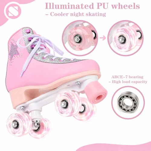 SULIFEEL Pink Girls & Women Roller Skates Size 3-4 with Light-Up Wheels