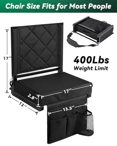 LWWTBS Stadium Seat with Back Support - Black, 2 Pack, Foldable Bleacher Chair with Cushion & Organizer