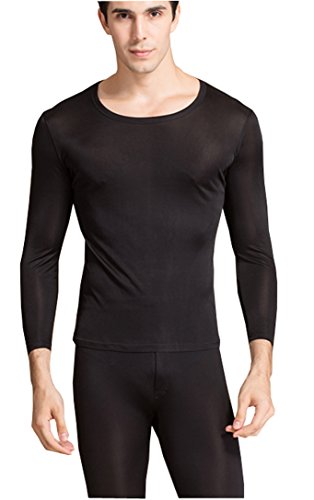 Men's Mulberry Silk Long Underwear Set - Black Large Thermal Base Layer