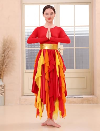 IDOPIP Metallic Praise Dance Dress for Women - Medium Red Asymmetric Ruffle Overlay Worship Costume