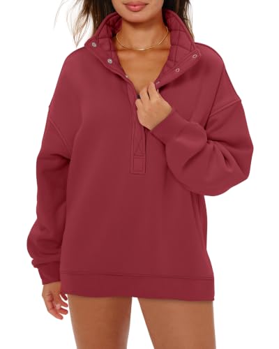 Oversized Womens Sweatshirt Henley Neck Pullover Top - Large Burgundy