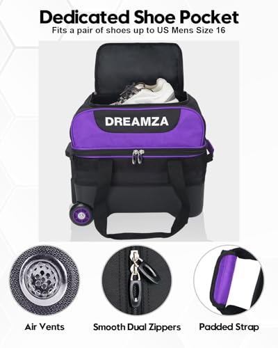 DREAMZA Purple Single Bowling Ball Roller Bag with Wheels & Shoes Compartment