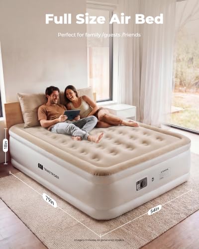 Full Air Mattress with Built-In Pump - 18-Inch Raised Inflatable Bed for Guests & Outdoor, Off-White Khaki - Variation of THIS listing