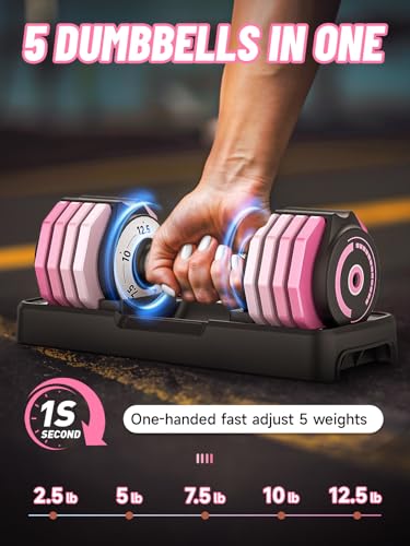 Pink Adjustable Dumbbells Set 12.5LB with Fast 1-Second Weight Change - Home Gym Equipment