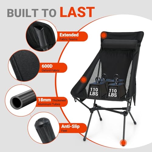 Overmont Black Highback Heavy-Duty Camping Chairs 2-Pack - Supports 440lbs, Portable Folding Outdoor Seats