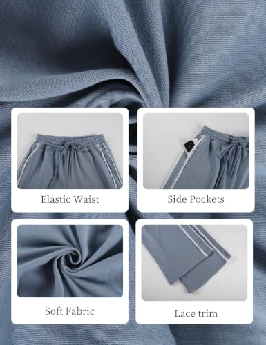 Large Dusty Blue Stripe Lace Trim Wide Leg Sweatpants for Women - Drawstring Activewear
