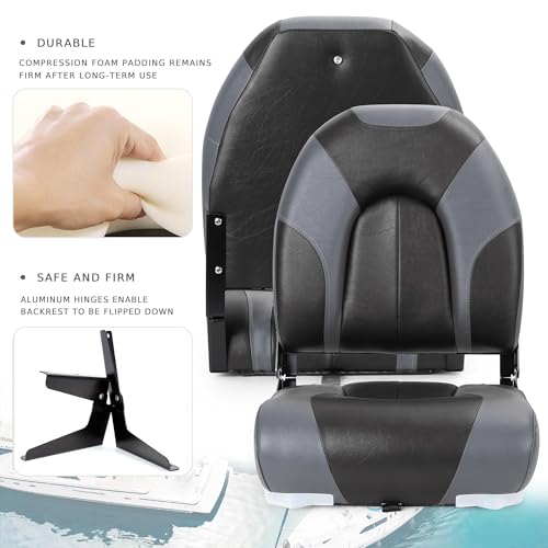Marine Folding Boat Seats 2 Pack - Charcoal/Black, High Back, Waterproof, Includes Mounting Screws