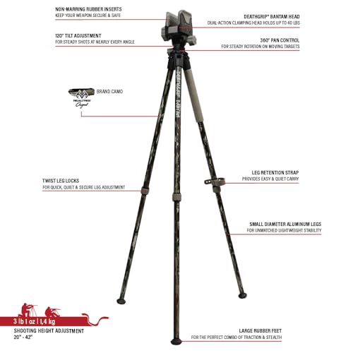 Realtree Original Hunting Tripod with Gun Clamp, 20-42 Inch Adjustable, Lightweight & Secure