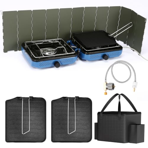 Uniflasy Blue 2-Burner Camping Stove Set with Carry Bag & Wind Guards - Portable Outdoor Cooker 22.9x9.1x2.4 inches