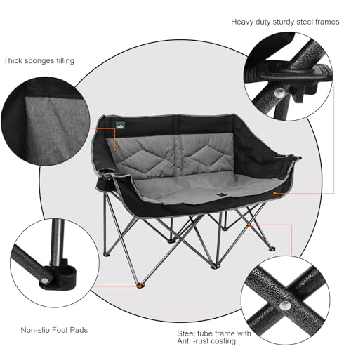 Northroad Black & Grey Folding Loveseat Camping Chair for 2 with Cup & Wine Glass Holders