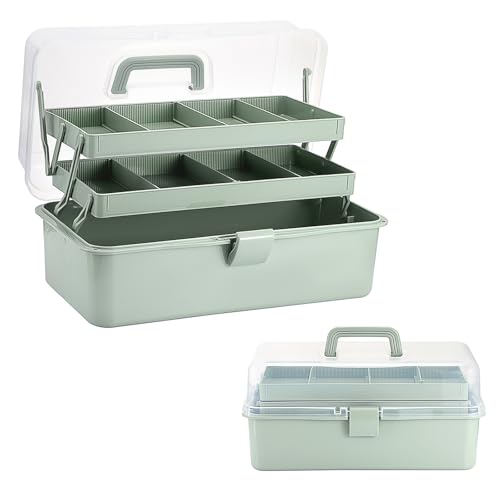 Green 15-Inch Extra Large Art & Craft Storage Box with 3-Layer Folding Trays