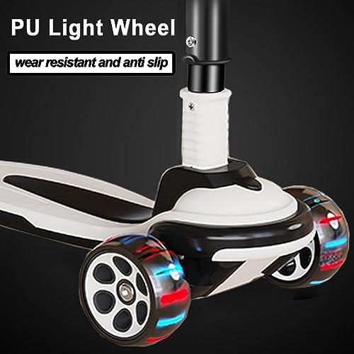 Kids Kick Scooter with 3 LED Light Wheels, Adjustable Height, Foldable, Black & White, for Ages 3-12