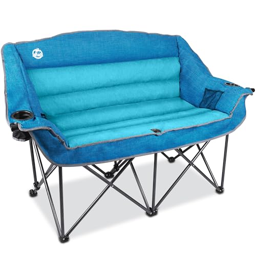 Oversized Double Camping Chair with Cup Holders & Carry Bag - Blue - Supports 600lbs - Fully Padded Loveseat - Heavy Duty Folding Duo Seat Variation L