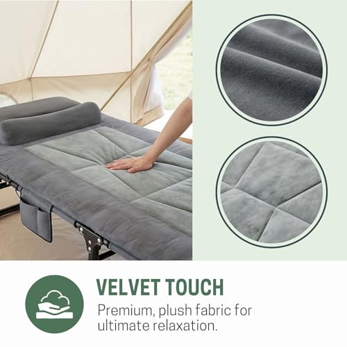 Mopaicot Folding Camping Cot with Adjustable Backrest, Pillow & Velvet Fabric