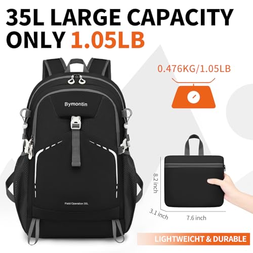 Lightweight Foldable 35L Daypack Backpack - Black, Packable & Water-Resistant