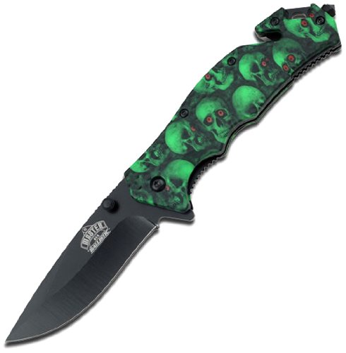 Master USA Spring Assist Folding Knife - Green Skull Camo Handle, Rescue Utility
