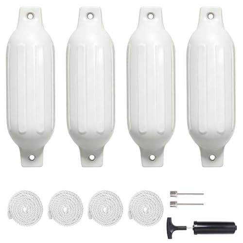 Boat Bumpers Fenders 6.5 x 23 Inches White - Marine Docking Protection Kit with Ropes & Pump