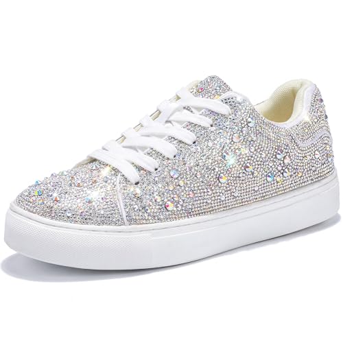 White Sparkly Rhinestone Sneakers for Women - Bedazzled Platform Bling Shoes, Party & Wedding Outfit 8