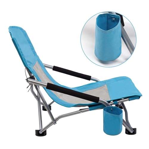 AKSOUL Blue Folding Beach Chairs 2 Pack - Portable Lightweight Sand Chairs with Cup Holders for Adults, Outdoor Camping & Lawn