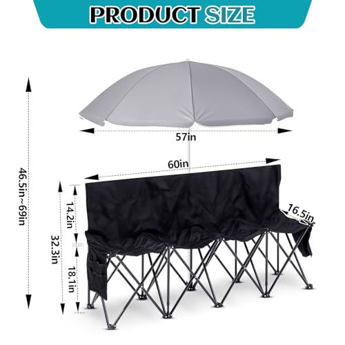 4-Seat Folding Soccer Bench with Umbrella - Portable Outdoor Seating, Black & Gray