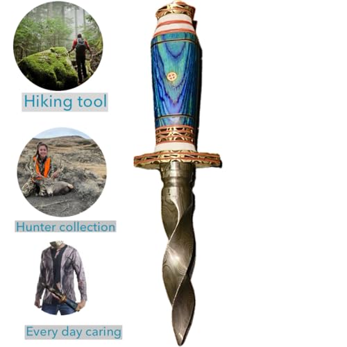Handmade 10.5-Inch Damascus Steel Collectible Kris Knife with Blue Pakka Wood Handle by NoonKnives
