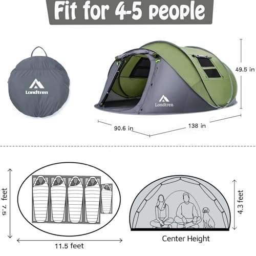 4 Person Waterproof Pop Up Tent - Green, 110x78x51 Inches | Easy Instant Setup for Camping & Hiking