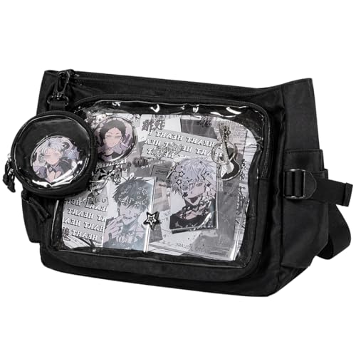 Inshere Ita Bag Crossbody Messenger Bag with Clear Coin Bag, Pins & Plush Charm - Black M
