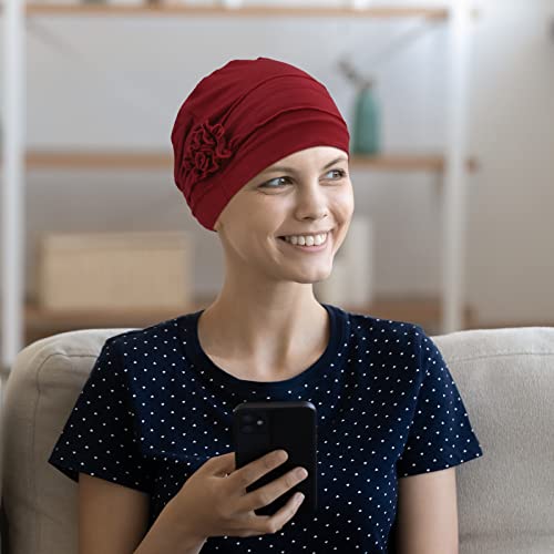 Chemo Turban Headwear for Women 4 Pack - Black, Gray, Khaki, Burgundy with Flower Design