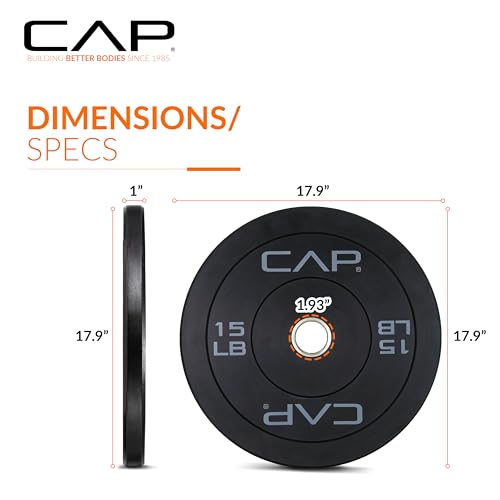 CAP Barbell Rubber Olympic Bumper Plate - 15lbs Pair, Medium Bounce, Multiple Colors