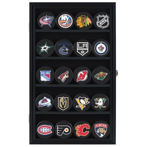 DisplayGifts Black Hockey Puck Display Case Wall Shelf Shadow Box with UV Protection