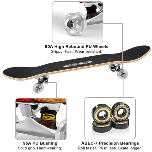 ChromeWheels 31Inch Double Kick Skateboard Cruiser Longboard – Red (8 Layer Maple) for Beginners