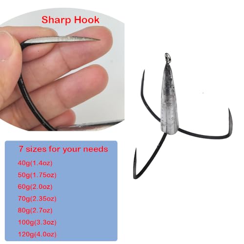 Weighted Treble Fishing Hooks 2pcs Pack - 4.0 oz Sharp Snagging Hooks for Bait Fish