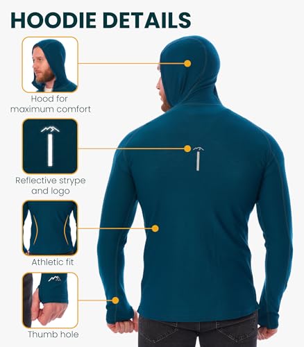 Men's Merino Wool Hoodie Large Black - Slim Fit Quarter Zip Thermal Base Layer