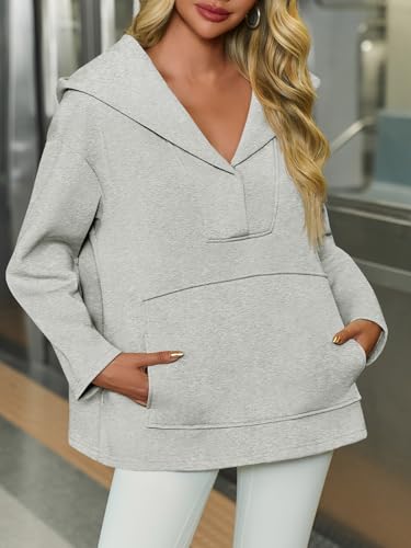 Fisoew Women's Oversized Hoodies Sweatshirt Grey Large Fall Winter Casual Fleece V-Neck Long Sleeve Hooded Top