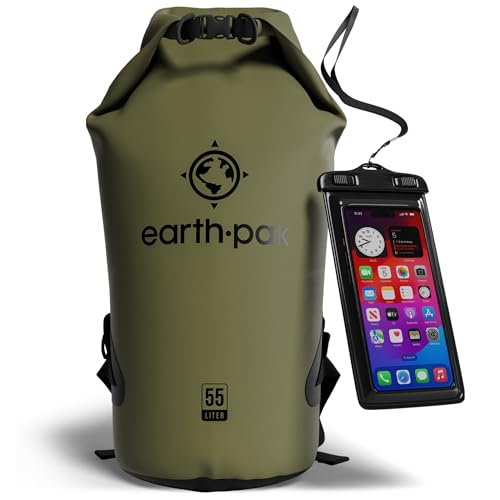 Earth Pak 55L Waterproof Dry Bag - Forest Green Roll Top Backpack for Kayak & Water Sports