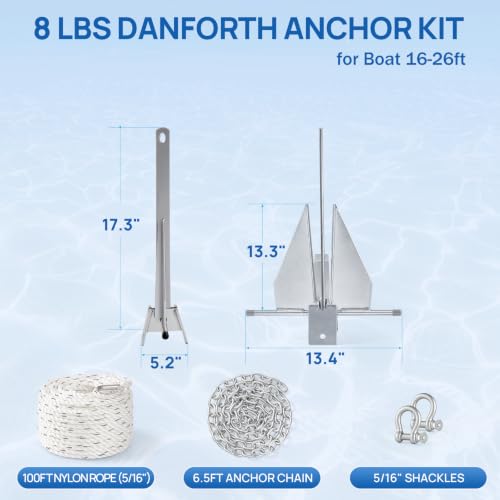 8 lb Galvanized Danforth Boat Anchor Kit for 16-26 FT Boats