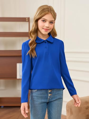 Girls Long Sleeve Polo Shirt with Peter Pan Collar - School Uniform Top, 9-10 Years Royal Blue