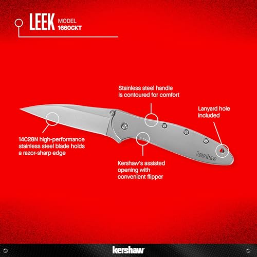Kershaw Leek Silver Pocket Knife 3-Inch Drop Point Blade, Assisted Open