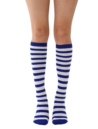 Women's Casual Striped Knee High Athletic Socks - Royal Blue & White, One Size