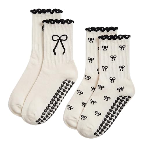 Cuffbow 2 Pilates Socks - Black and White Bow Variation, Non-Slip Grip, Crew Size