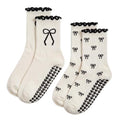 Cuffbow 2 Pilates Socks - Black and White Bow Variation, Non-Slip Grip, Crew Size