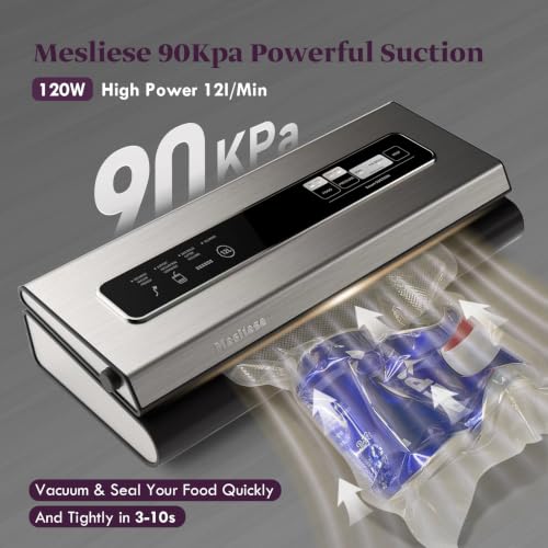 Mesliese Vacuum Sealer Machine 90kPa with 2 Rolls & 5 Bags, Dry & Moist Modes