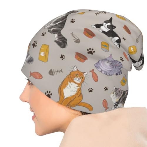 Flower Sugar Skull Beanie Hat Adult Skull Cap Warm Slouchy Knit Headwear Gift - Cat Pattern