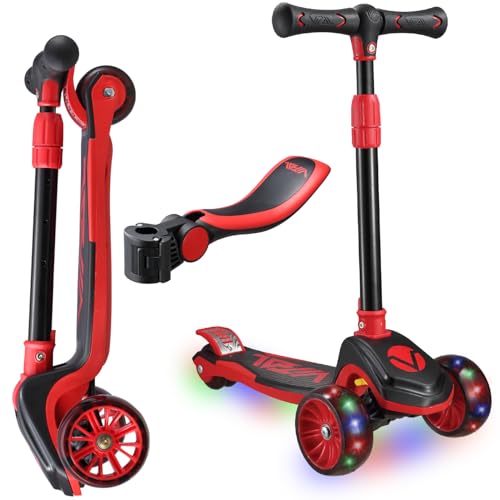 Vital Tyke 3 Wheel Toddler Scooter with LED Wheels - Foldable, Adjustable Handlebar & Removable Seat for Kids 3-7, Up to 110lbs - Red