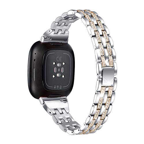 Silver Champagne Gold Bling Metal Watch Band for Fitbit Versa 4 Sense 2
