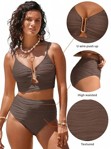 Herseas Women High Waisted U Wired Textured 2-Piece Bikini Set - Medium Deep Brown